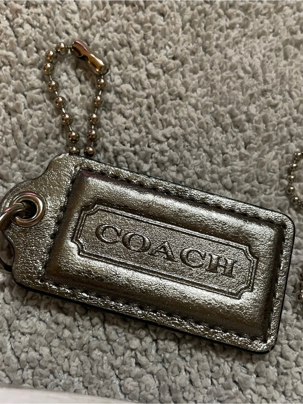 Coach Metallic Pewter Leather Key Tag with Ball Chain